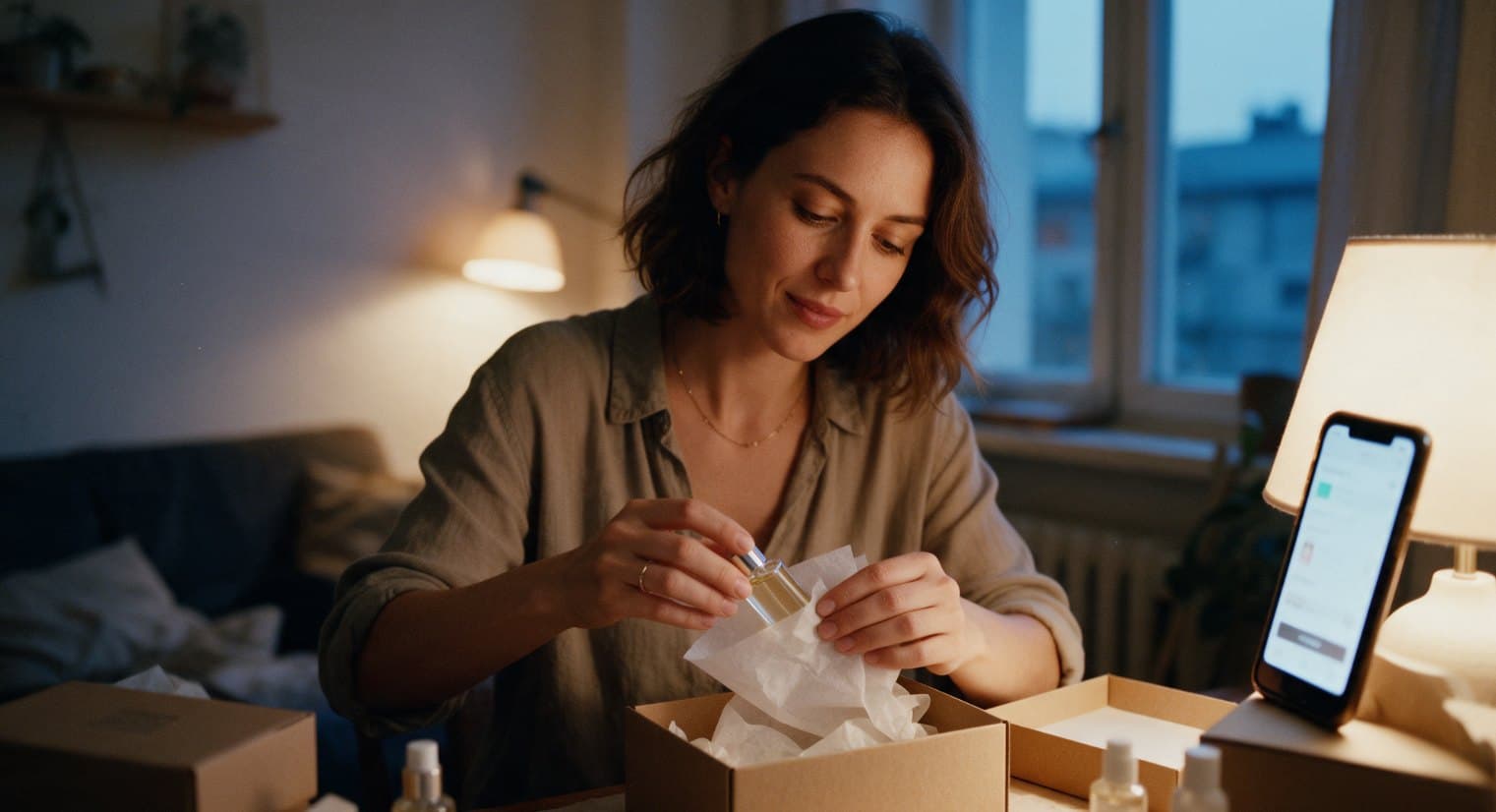 Vendeuse de parfums qui emballe un flacon dans du papier de soie