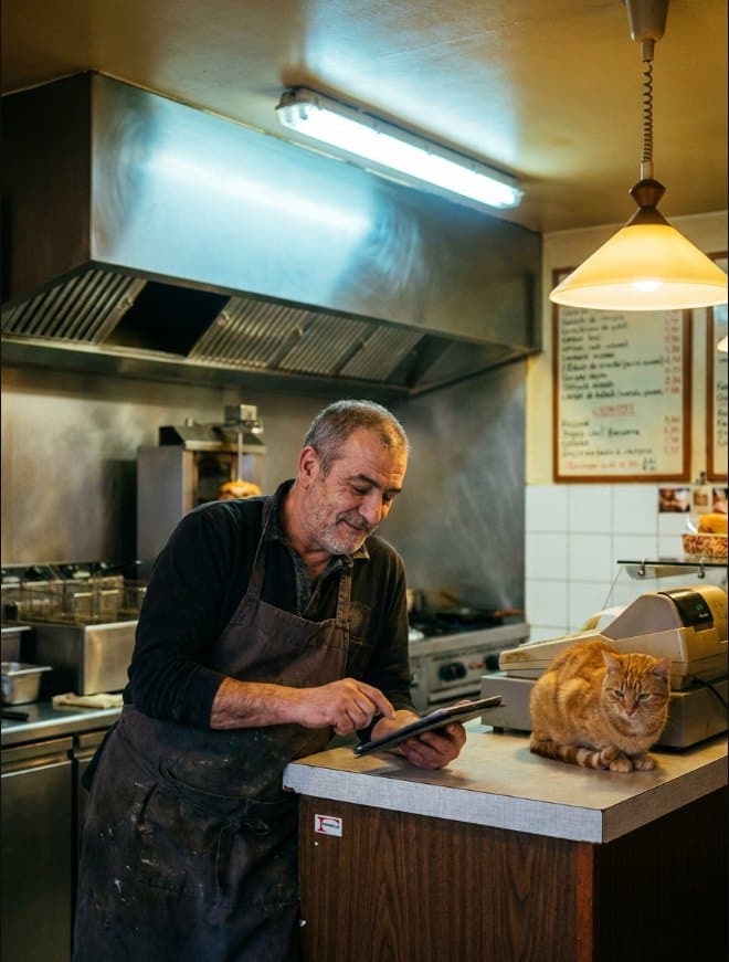 Gérant d'un snack qui consulte une tablette, chat roux sur le comptoir