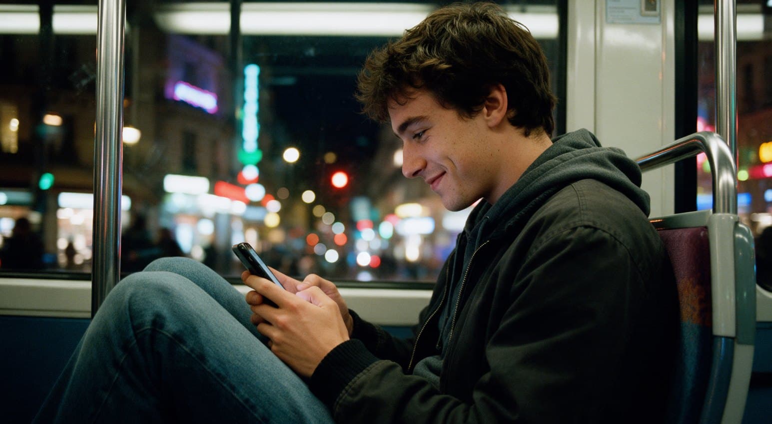 Jeune homme qui écrit un message sur son téléphone dans le tram, le soir